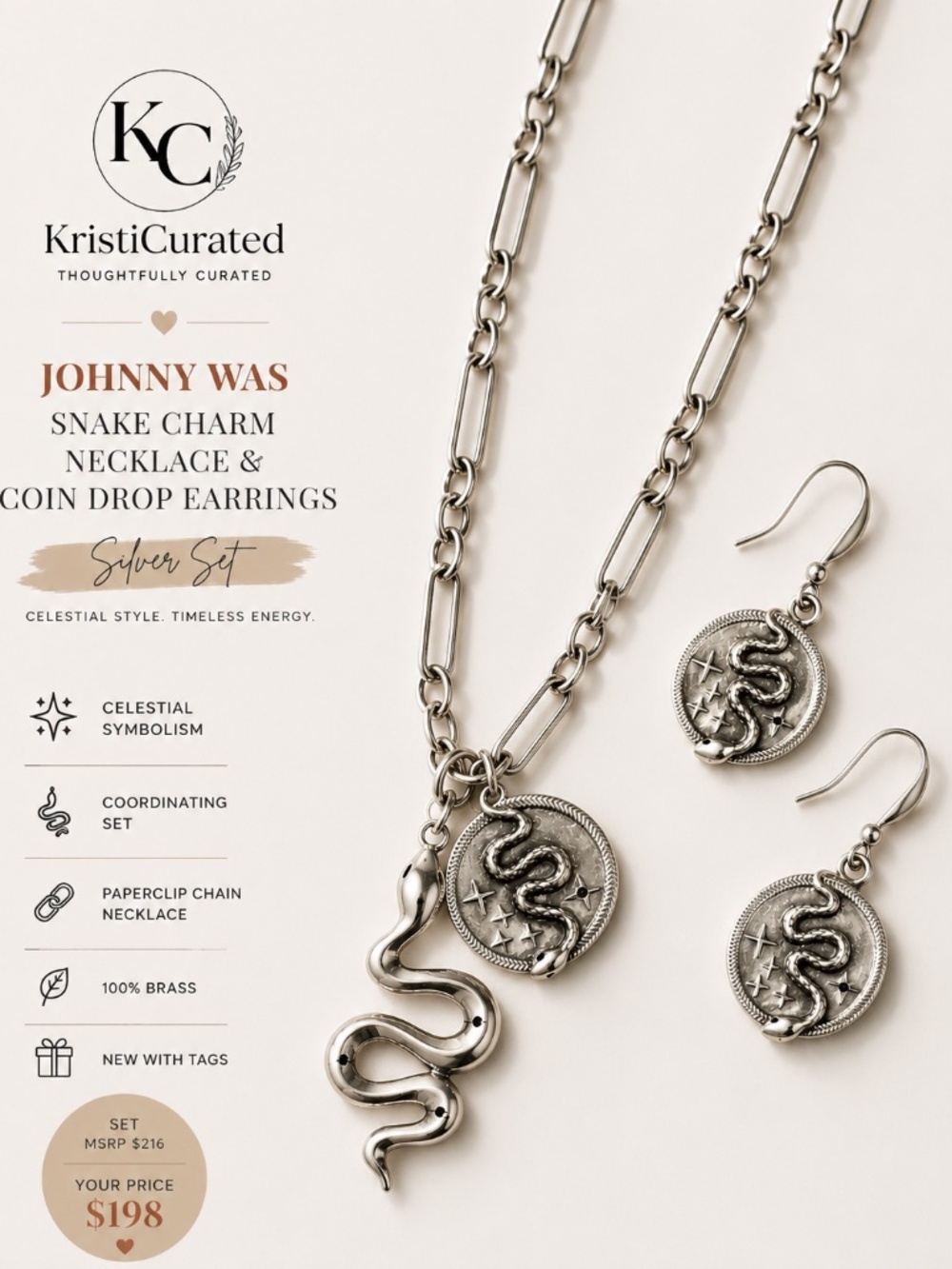 Johnny Was Snake Charm Necklace & Coin Drop Earrings Set NWT Silver